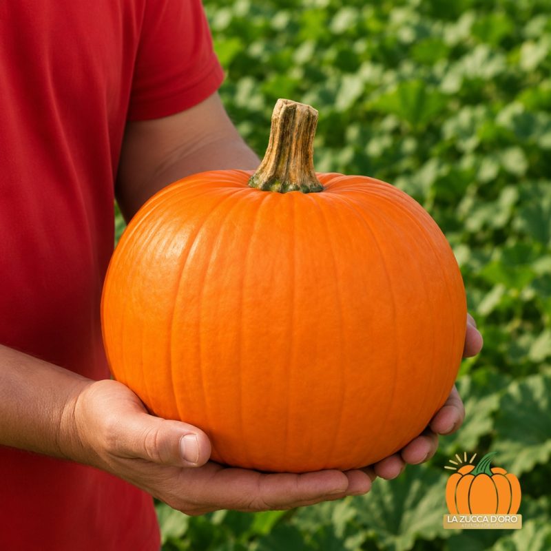 Persona che tiene in mano una zucca arancione rotonda Magician F1 in un campo di zucche.
