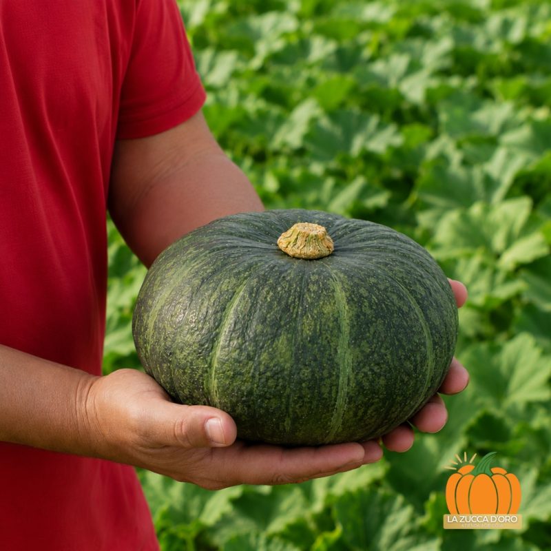 Zucca Vinios F1 Kabocha con buccia verde scuro e polpa arancione intensa, varietà dolce ideale per la vendita all'ingrosso.